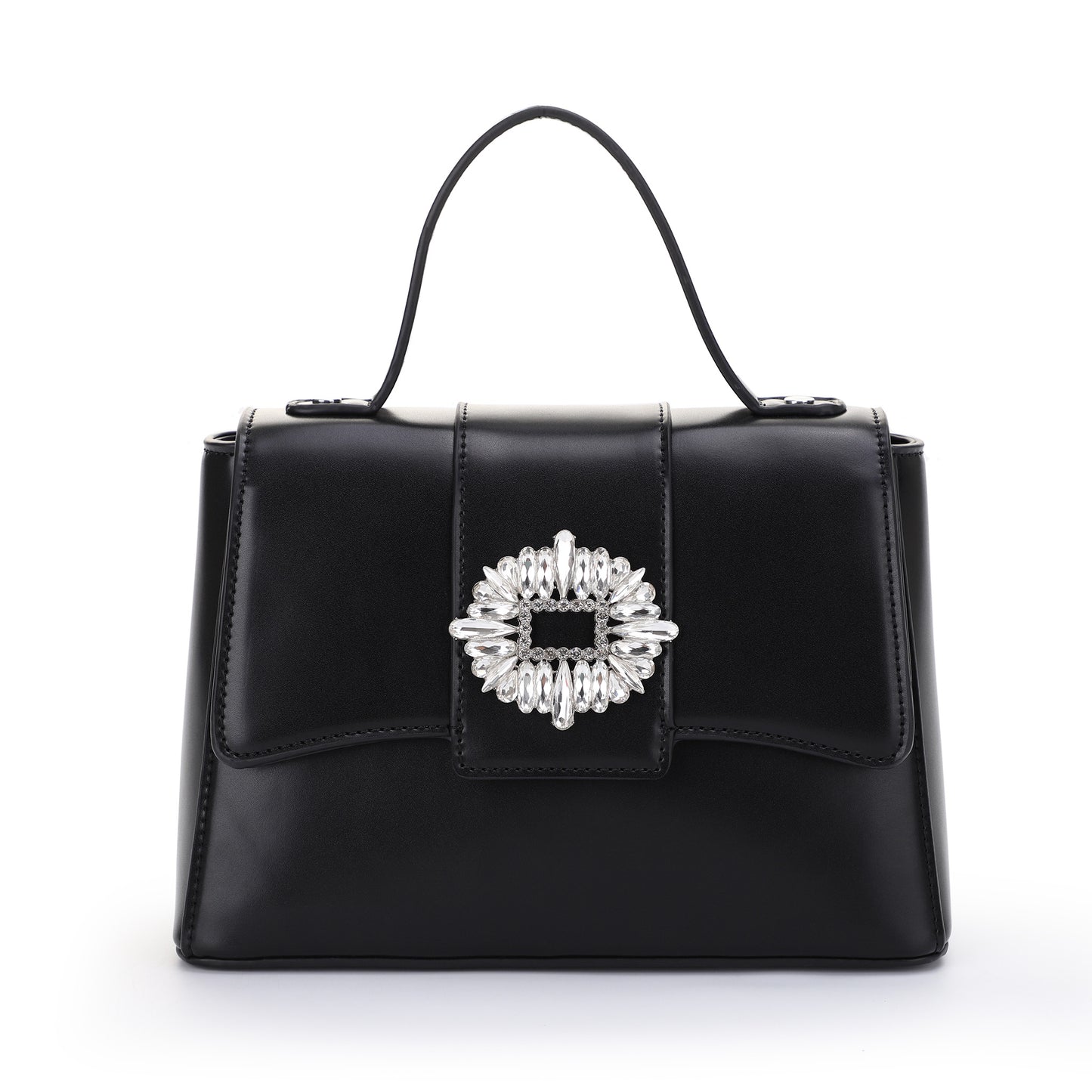 Smooth Leather Handbag with Rhinestone Brooch