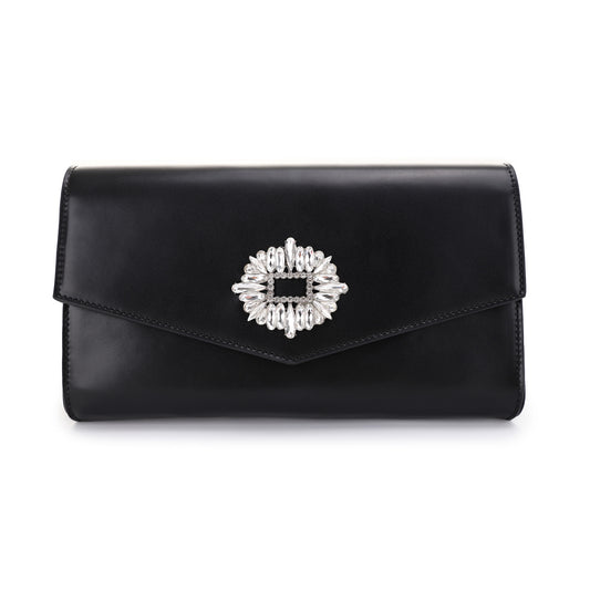 Smooth Leather Oversized Clutch with Rhinestone Brooch