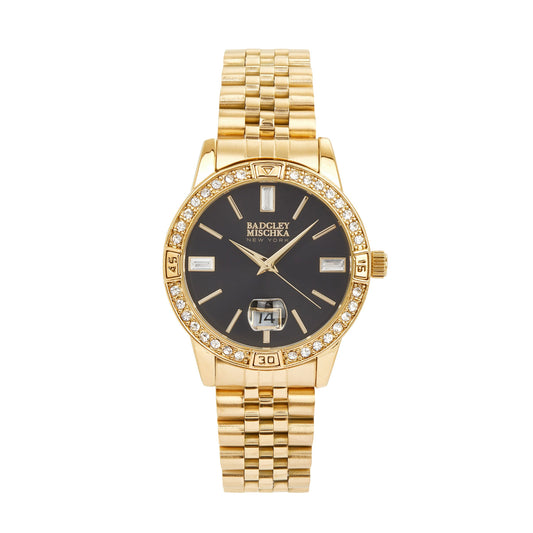 Women's Gold Round Watch with Pave Bezel, Black Dial