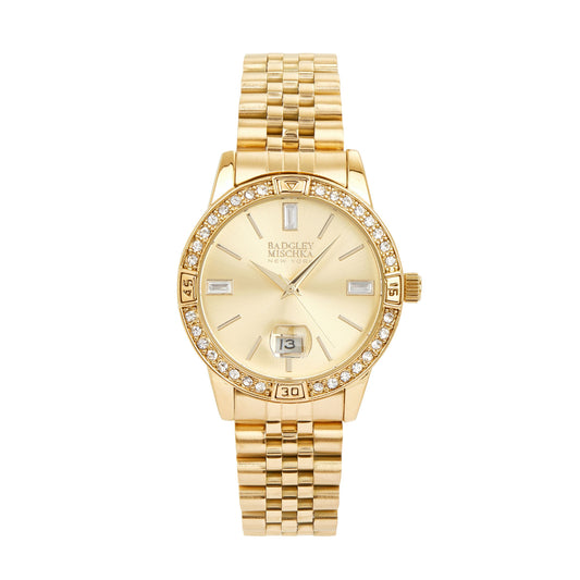 Women's Gold Round Watch with Pave Bezel, Gold Dial