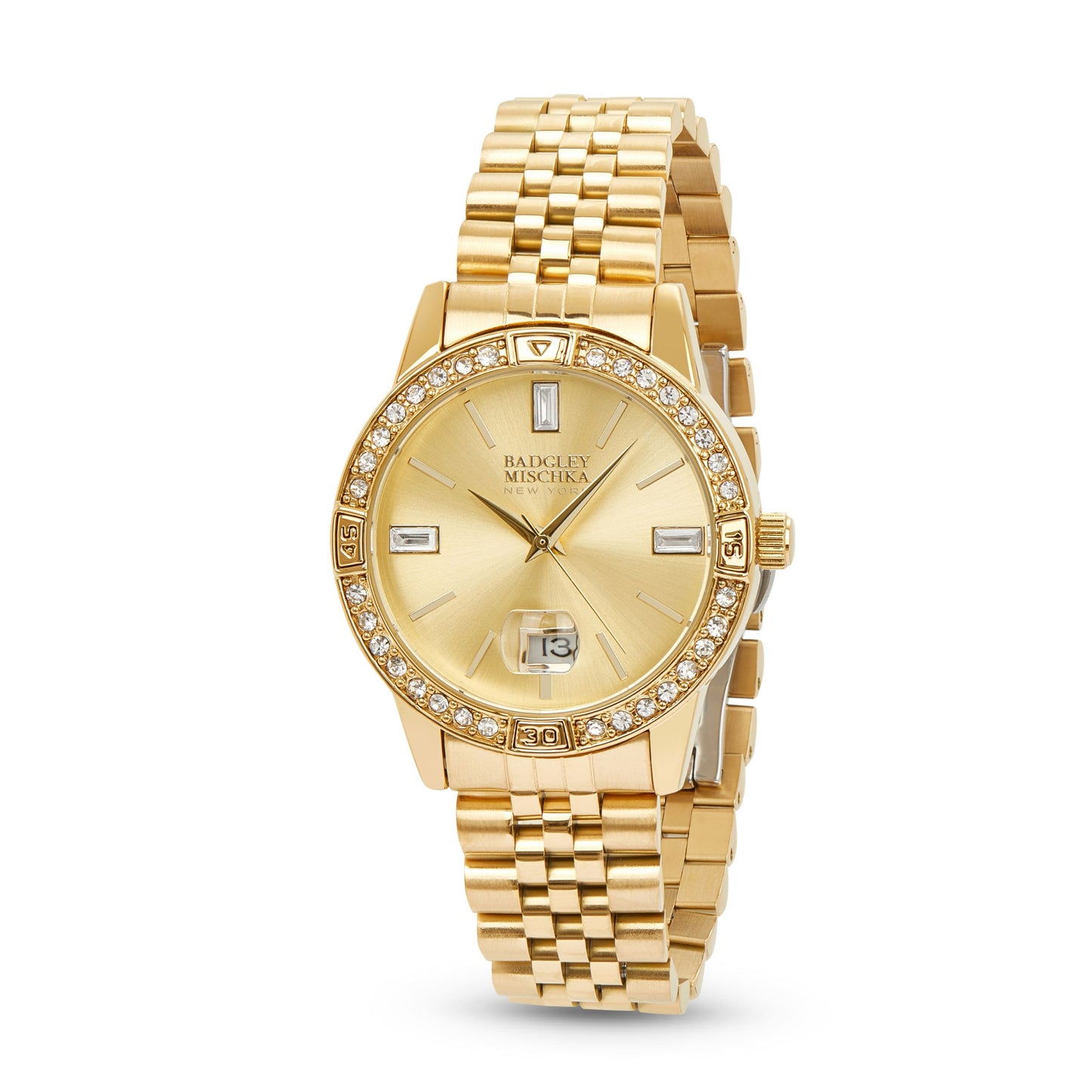 Women's Gold Round Watch with Pave Bezel, Gold Dial