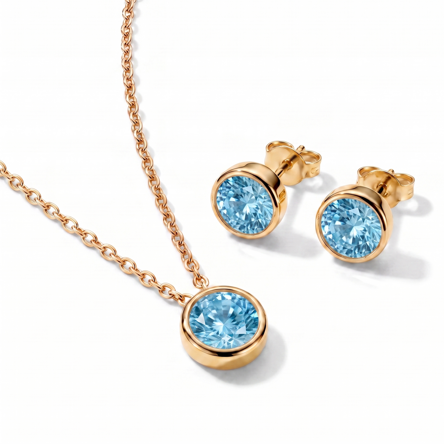 Luxe Bezel Necklace & Earrings Set - Aquamarine