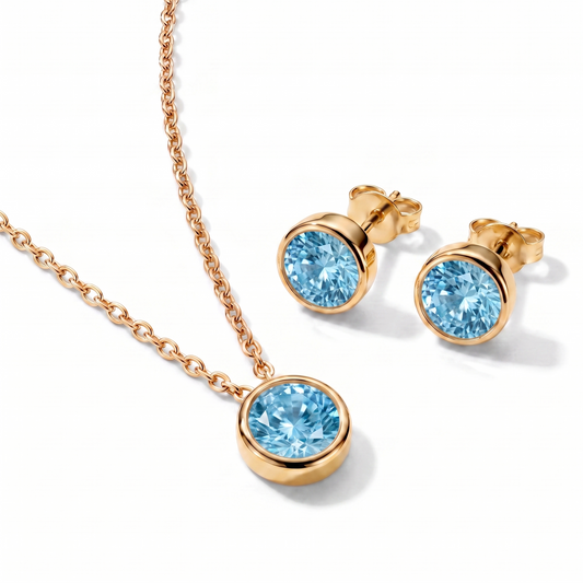 Luxe Bezel Necklace & Earrings Set - Aquamarine