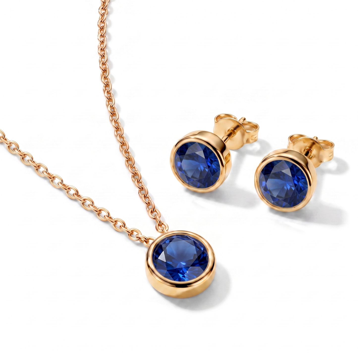 Luxe Bezel Necklace & Earrings Set - Sapphire Blue