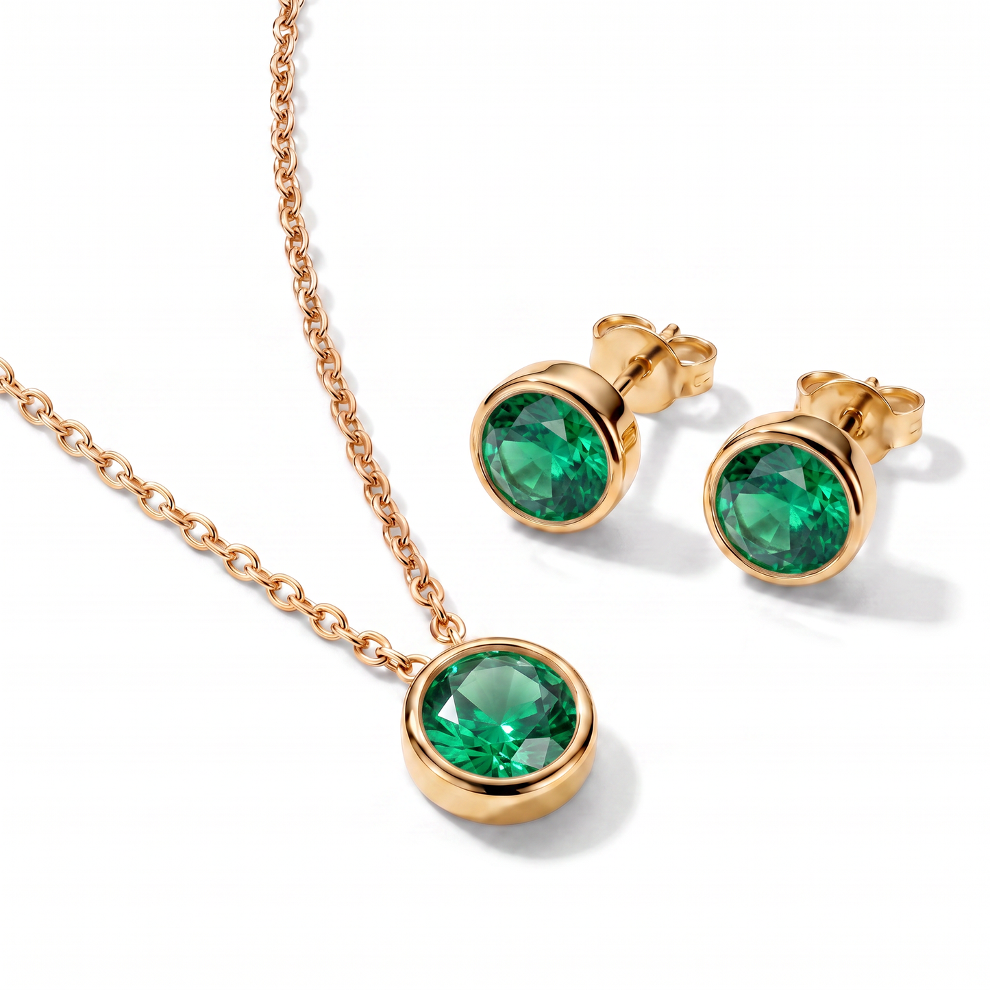Luxe Bezel Necklace & Earrings Set - Emerald Green