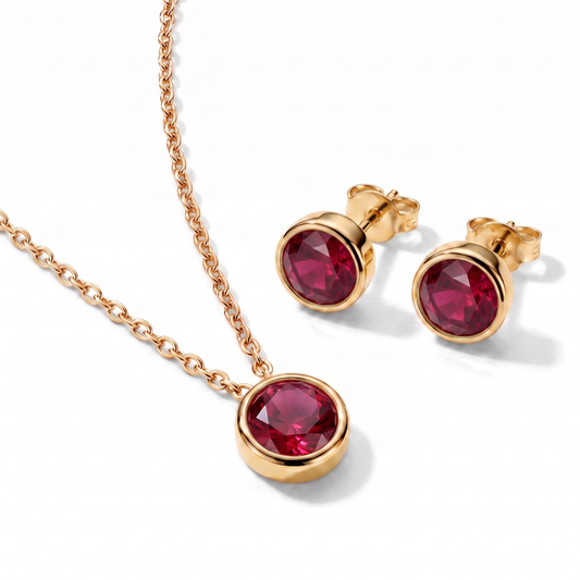 Luxe Bezel Necklace & Earrings Set - Ruby